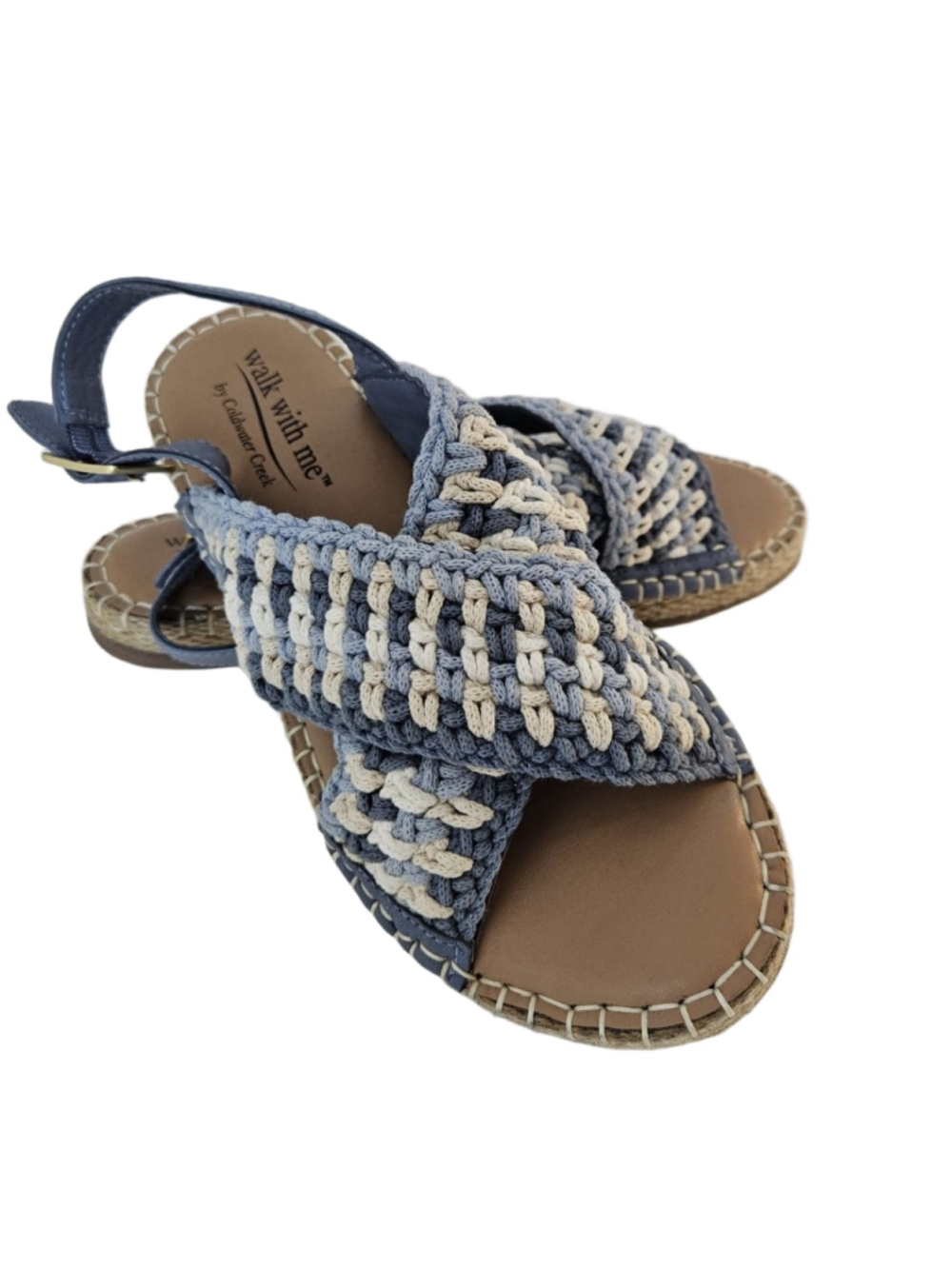 Coldwater Creek Walk With Me Cosita Blue Beige Crochet Espadrille Sandals 7.5